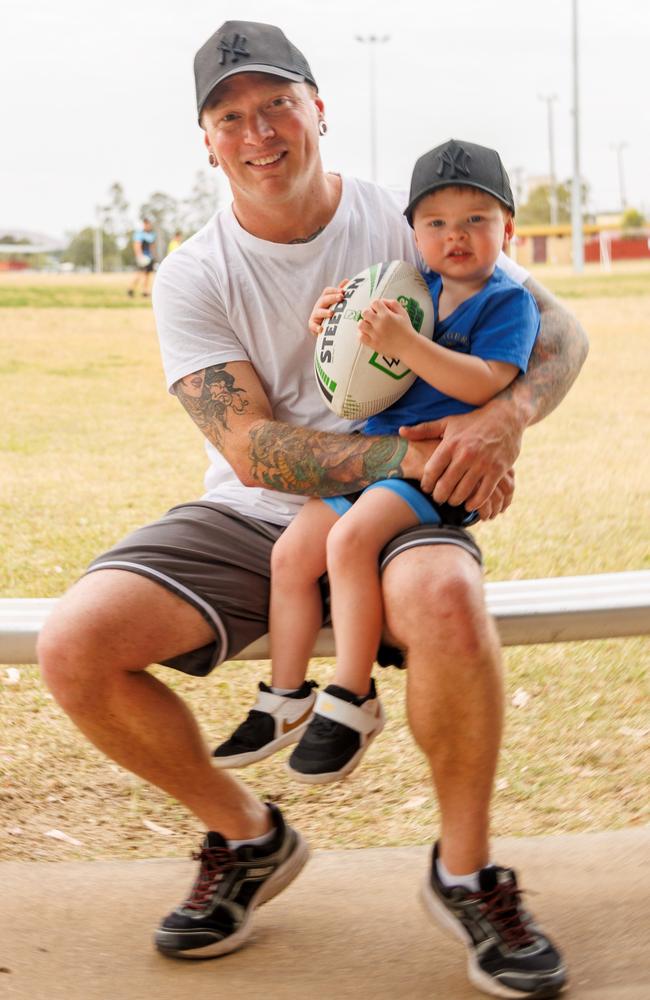 Blake Denniss of Biloela with son Harrison, 3. Picture: Steve Vit