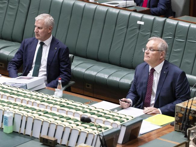 Prime Minister Scott Morrison with Deputy Prime Minister and Minister for Infrastructure, Transport and Regional Development Michael McCormack in Parliament House. Picture: Gary Ramage