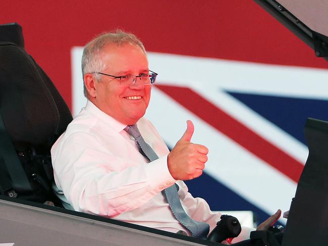 NEWCASTLE, AUSTRALIA - NewsWire Photos - February 8, 2020. Prime Minister Scott Morrison at the F-35 ceremony at BAE at Newcastle Airport. Picture: NCA NewsWire / Peter Lorimer.