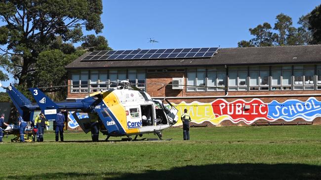 A CareFlight helicopter at Mona Vale Public School after an accident involving a 9-year-old boy. Picture: Seb Dekker.