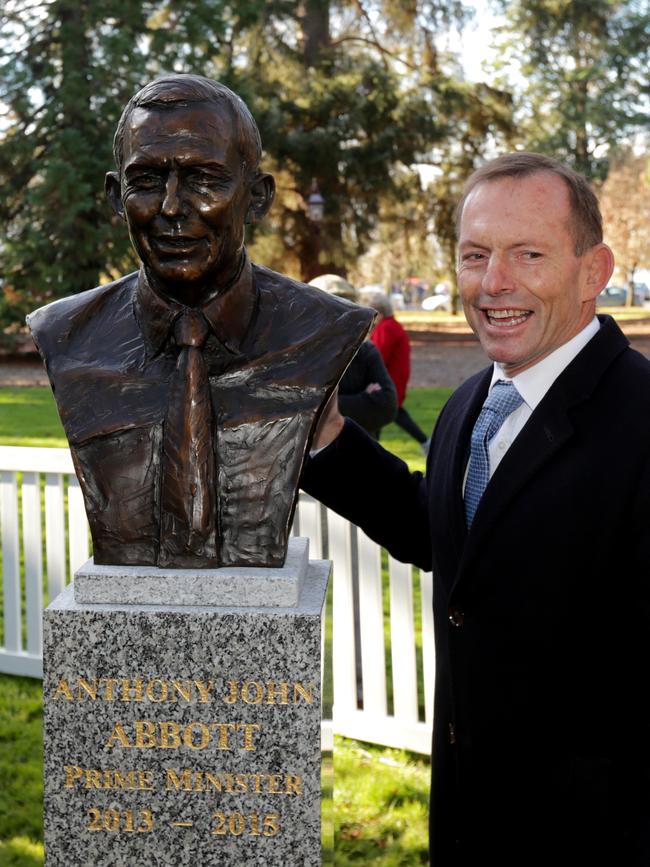 Former prime minister Tony Abbott’s bronze bust has been vandalised in Ballarat, Victoria, overnight. Picture: Stuart McEvoy