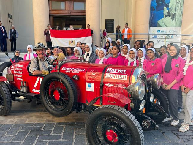 Birtles and Bean Round the world trip with Daily Telegraph Cartoonist, Warren Brown and Journalist, Matthew Benns.  Greeted by groups of school kids as guests of the Greco Roman Museum Alexandria . Picture: Supplied