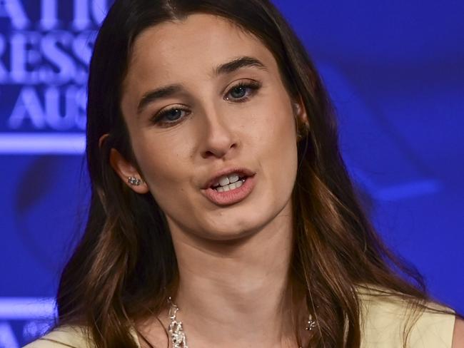 CANBERRA, AUSTRALIA, NewsWire Photos. NOVEMBER 1, 2023: Chanel Contos, Founder of Teach Us Consent & Chair of The Global Institute for Women's Leadership's Youth Advisory Committee addresses the National Press Club of Australia in Canberra. Picture: NCA NewsWire / Martin Ollman