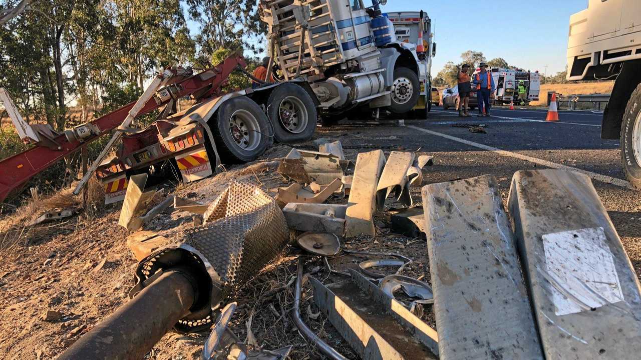 Wreckage from a truck crash outside Casino where a logging truck rolled down an embankment. Picture: Mark Furler