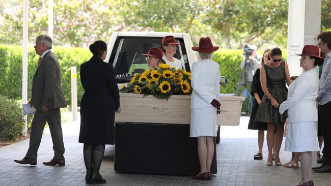 Melissa's father is pistured left, and her sister at right as more than 200 mourners packed the chapel. Picture: NCA NewsWire/Philip Gostelow