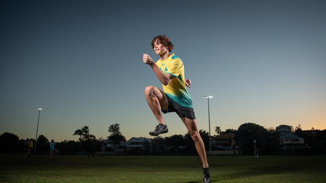 Morayfield’s Calab Law training at Windsor Park with Mayne Harriers. PICTURE: Brad Fleet