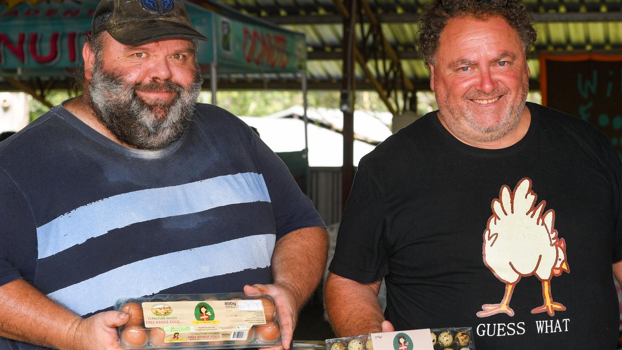 Rodger Streatfeild and Greg Galea giving a cluck about the variety of eggs they sell at Lismore Farmers Markets.