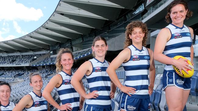 Geelong Cats (from left) Julia Crocket-Grills, Chantel Imonson, Georgie Rankin, Maddy Keryk, Nina Morrison and Meg McDonald get ready for another season.