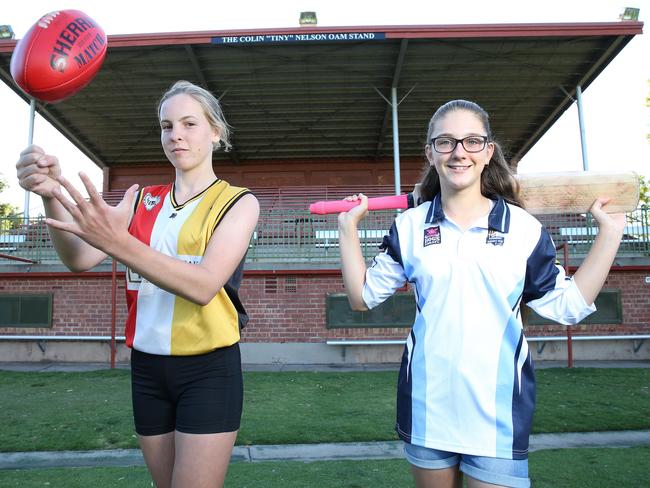 Footballer Persia Tuckey of Clarence Park and cricketer Taylor Hutchinson want Goodwood Oval’s changerooms updated — so they can change there. Picture: Stephen Laffer