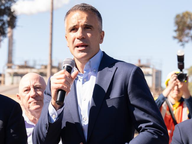 WHYALLA, AUSTRALIA - NewsWire Photos - 20 FEBRUARY, 2025: Australian Prime Minister Anthony Albanese and South Australian Premier Peter Malinauskas are pictured visiting with workers at Whyalla Steelworks in South Australia. Picture: NewsWire / Tim Joy