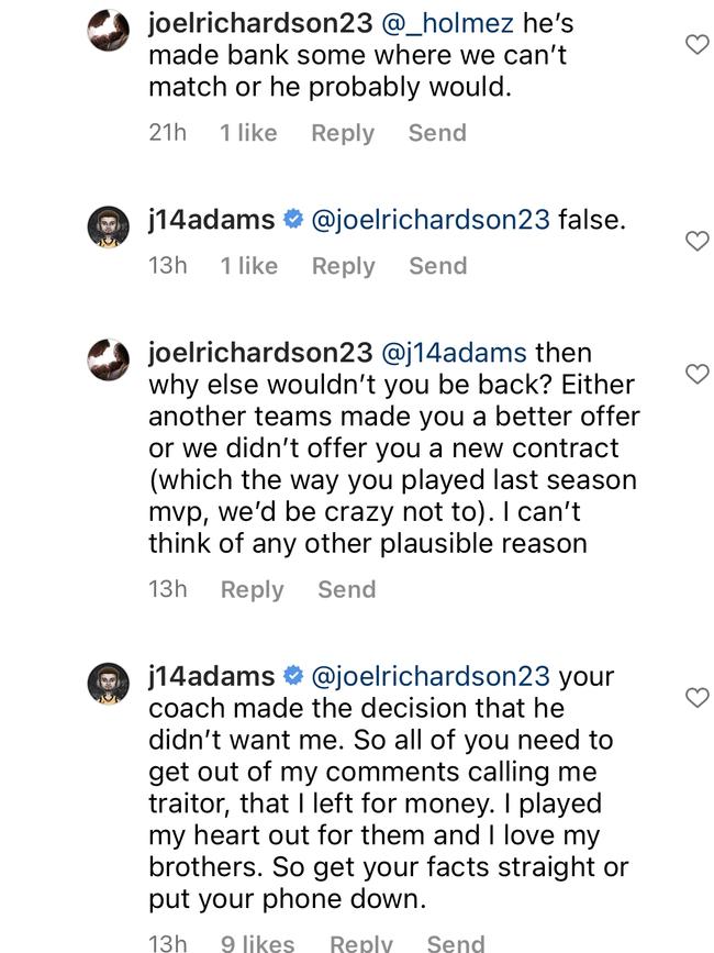 Josh Adams (j14adams) replies to a fan on his Instagram account.