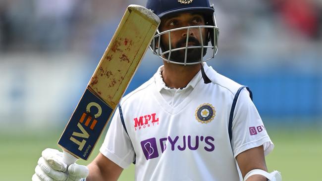 Ajinkya Rahane salutes the crowd after being dismissed on day three. Picture: Getty Images