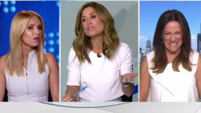 Amber Sherlock berates newsreader Julie Snook for wearing white. Picture: Channel 9