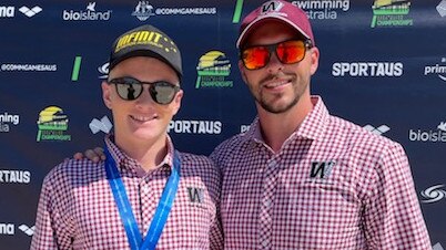 Kai Robertson (L) and Alex Clarke (R) after Robertson's gold-medal win at the Open Water Nationals in January 2022. Picture: Supplied