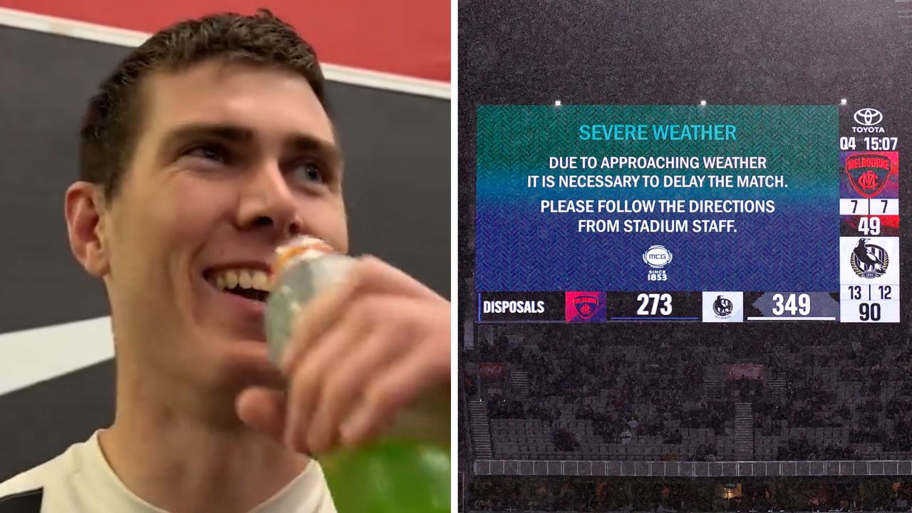 Collingwood's Mason Cox jokes about the weather delay on Friday night.