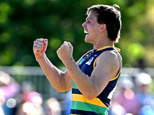 St Kevin's Samuel Tucker celebrates a goal during last year’s VAFA Premier Men’s grand final. Picture: Andy Brownbill