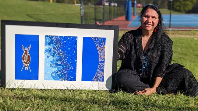 Janelle McQueen with art for the Brisbane Bullets Indigenous jersey at Rivermount College in Yatala, Gold Coast. Picture: Keith Woods.