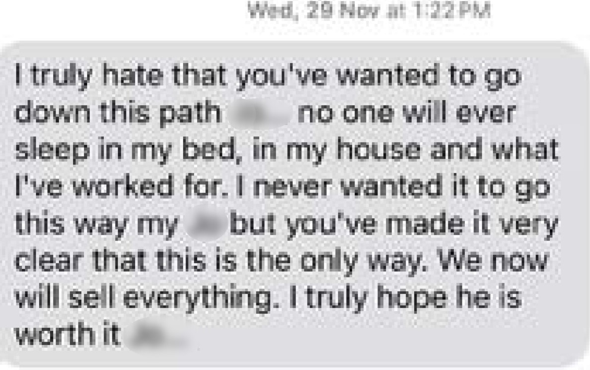 An ominous text message Natalie received from her estranged abusive husband.