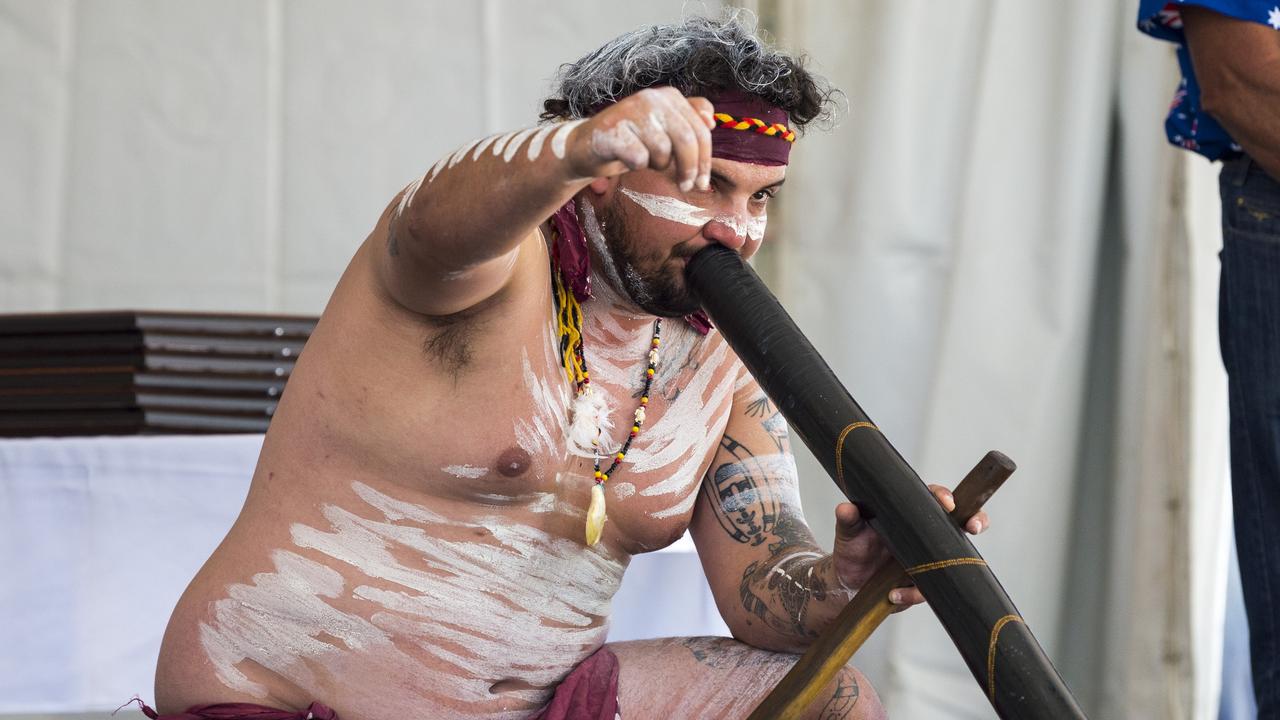 Nguluwa Dhiyaan member Damon Anderson on stage at Toowoomba Australia Day Awards and celebrations at Picnic Point, Tuesday, January 26, 2021. Picture: Kevin Farmer