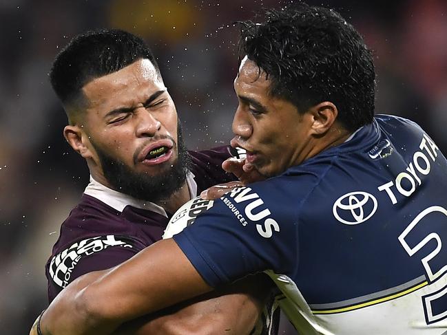 BRISBANE, AUSTRALIA - JULY 30: Payne Haas of the Broncos is tackled during the round 20 NRL match between the Brisbane Broncos and the North Queensland Cowboys at Suncorp Stadium, on July 30, 2021, in Brisbane, Australia. (Photo by Albert Perez/Getty Images)