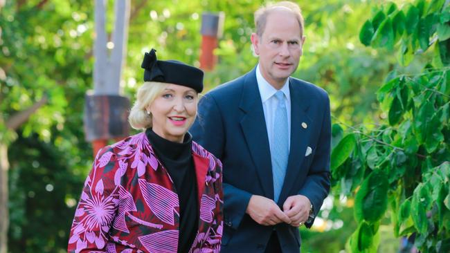 NT Administrator Vicki O'Halloran with HRH Prince Edward at a smoking ceremony and welcome to country at Government House in 2019. Picture: Glenn Campbell