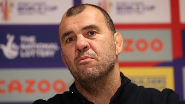 LEIGH, ENGLAND - OCTOBER 30: Michael Cheika, Head Coach of Lebanon looks on following the Rugby League World Cup 2021 Pool C match between Lebanon and Jamaica at Leigh Sports Village on October 30, 2022 in Leigh, England. (Photo by Charlotte Tattersall/Getty Images for RLWC)