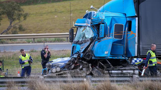 This B-double truck crashed into the back of a school bus carrying a group of students from Ballarat’s Loreto College. Picture: Brendan Beckett