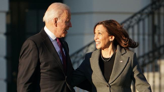 US President Joe Biden and US Vice President Kamala Harris on the South Lawn of the White House.