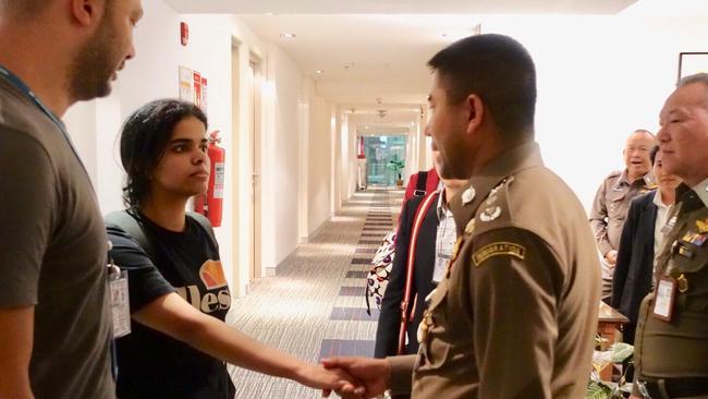 Rahaf Mohammed Alqunun being released in Bangkok last night. Picture: Amanda Hodge