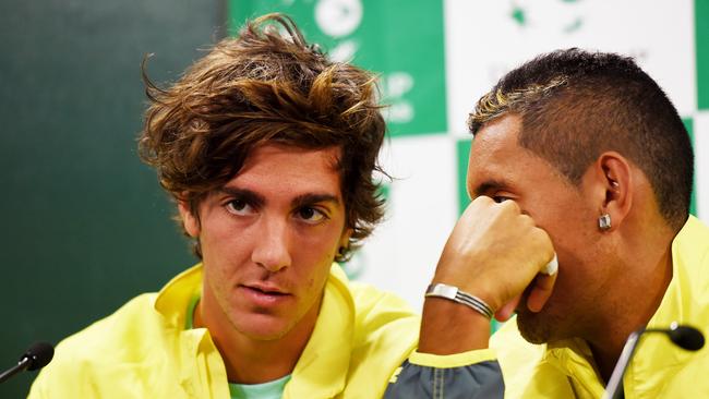 Thanasi Kokkinakis and Nick Kyrgios during a Davis Cup press conference.