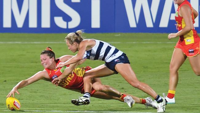 Gold Coast Suns player Jade Pregelj dives for the ball against Geelong at Harrup Park. Picture: Tony Martin