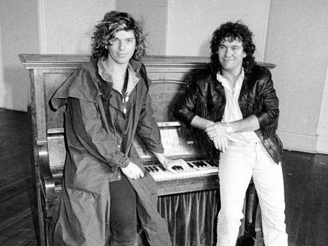 Michael Hutchence and Jimmy Barnes at Bondi Pavilion in 1986. Pic Simon Bullard.