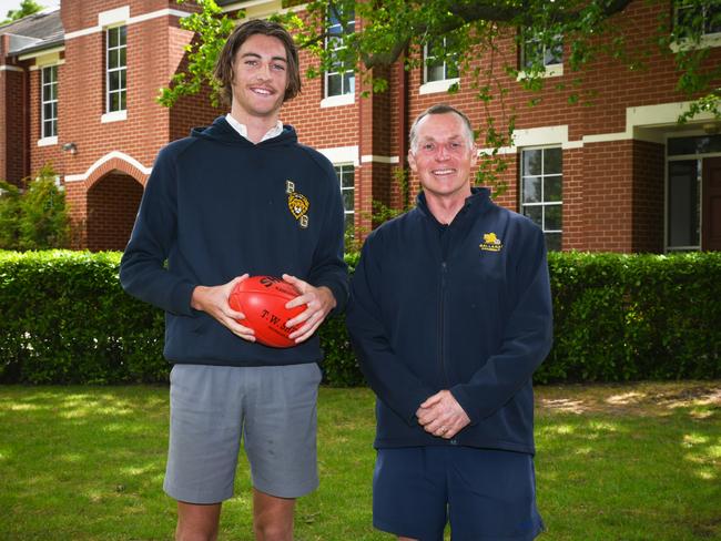 Ballarat Grammar director of sport Dean Rossato with Year 12 student boarder Floyd Burmeister.