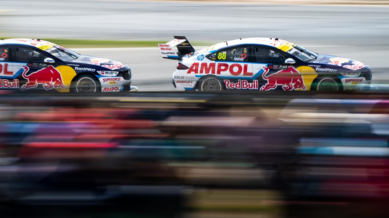 Broc Feeney leads Shane van Gisbergen during race two at Symmons Plains. Picture: Getty Images
