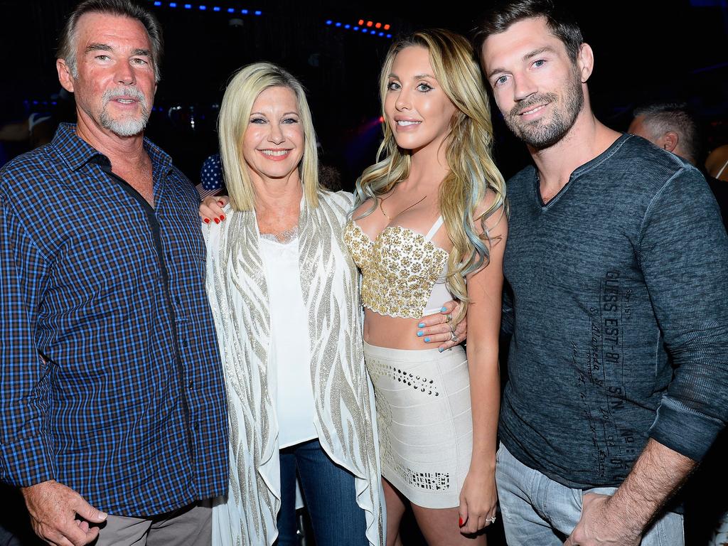 Olivia Newton-John with her husband John Easterling, her daughter, Chloe Lattanzi, and Chloe’s fiance James Driskill. Picture: WireImage