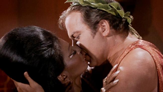 Nichelle Nichols as Uhura and William Shatner as Captain James T. Kirk in the Star Trek episode, Plato's Stepchildren. Picture: Getty