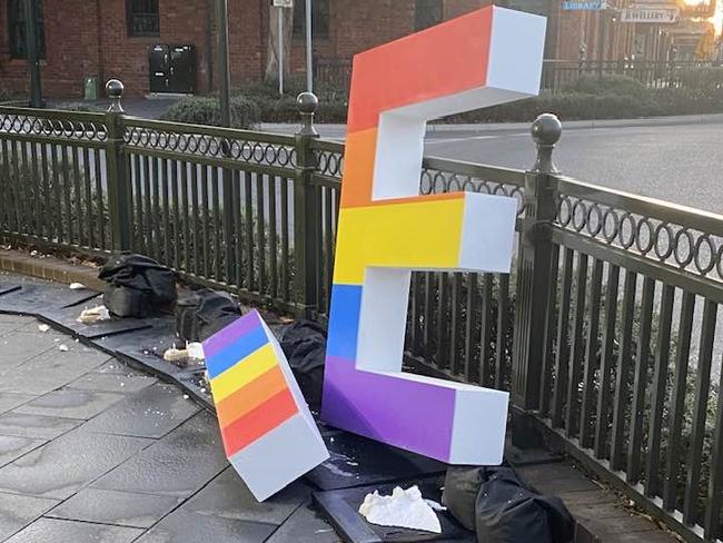 A Camden rainbow sign - erected in the centre of Camden's CBD on John St as part of Pride Month - has been vandalised. Picture: Facebook, posted by David Funnell on You Know You're from Camden group on Monday, June 19, 2023.https://www.facebook.com/photo?fbid=3239387439686531&set=pcb.2121798581357166