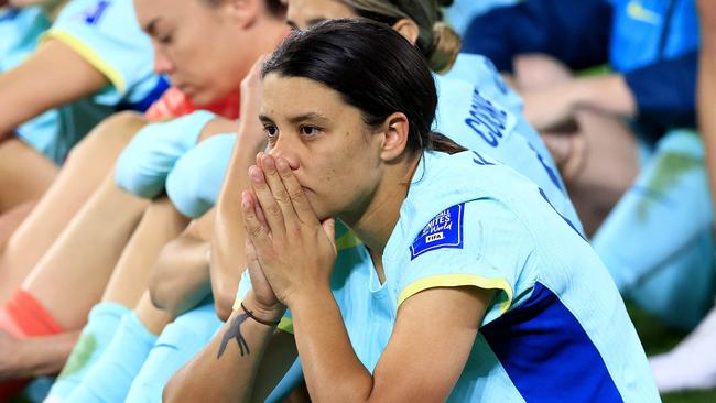 Sam Kerr and her team watch as Sweden get 3rd place medals after the FIFA WomenÃs World Cup 3rd place playoff between Australia and Sweden at Suncorp Stadium in Brisbane. Pics Adam Head