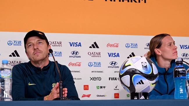 Australia's coach Tony Gustavsson and Emily van Egmond at a media conference on the eve of the Matildas’ must-win clash over Canada Picture: AFP