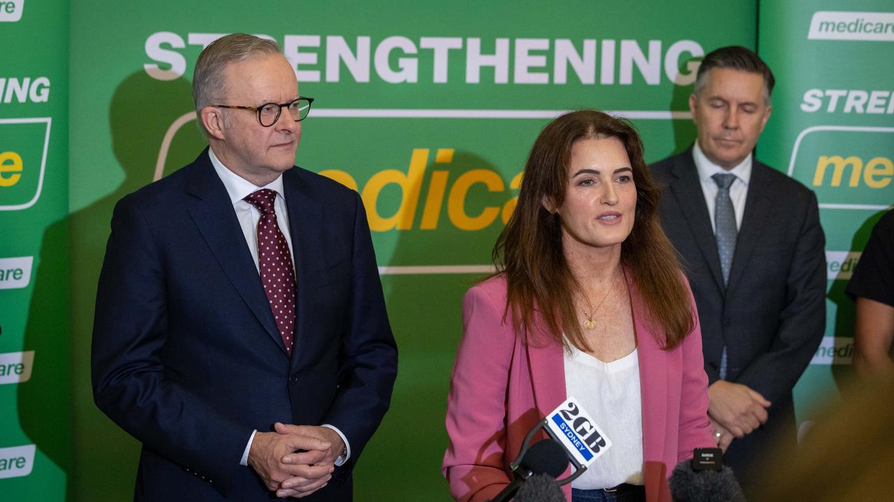 Australian Prime Minister Anthony Albanese looks on as Ali France speaks to media during the federal election campaign. Picture: Jason Edwards/NewsWire
