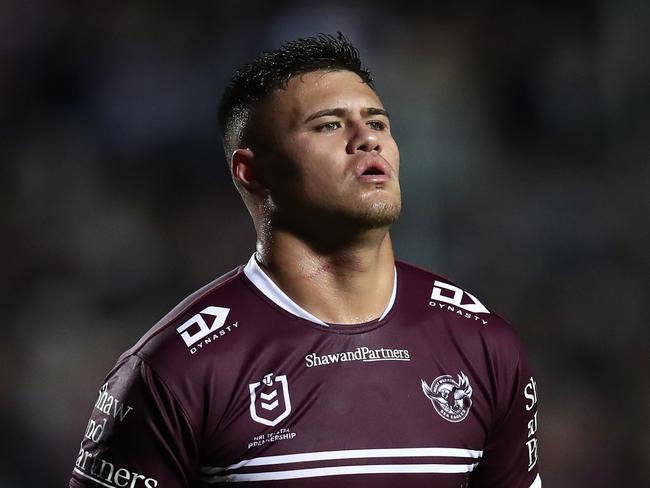 SYDNEY, AUSTRALIA - JUNE 09:  Josh Schuster of the Sea Eagles reacts during the round 15 NRL match between Manly Sea Eagles and Dolphins at 4 Pines Park on June 09, 2023 in Sydney, Australia. (Photo by Jason McCawley/Getty Images)