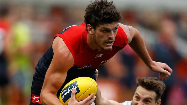 Melbourne youngster Angus Brayshaw has suffered another concussion. Picture: Getty Images