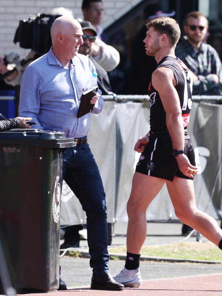 The midfielder walked off the track and straight down to the player’s area with the physio. Picture: Michael Klein.