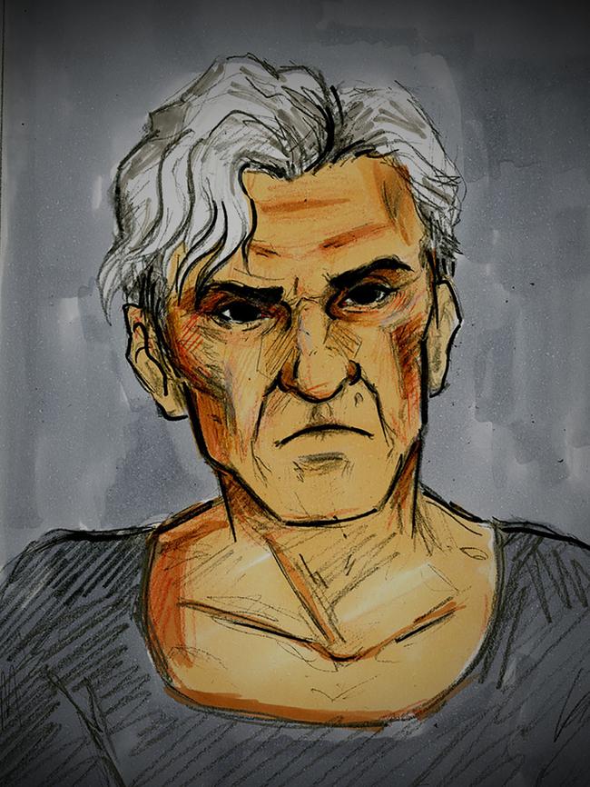 A court sketch of former AFL coach Dani Laidley during a bail hearing at Melbourne Magistrates Court in May