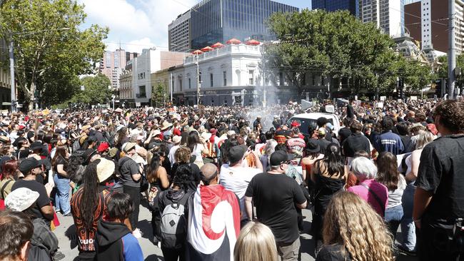 Impassioned crowds kicked off Thursday’s rally with chants of ‘F--- Australia Day’. Picture: Valeriu Campan