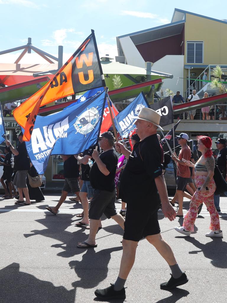 Hundreds of Territorians marched through Darwin for the annual May Day march, celebrating union victories including the eight-hour work week, on Monday, May 5. Picture: Zizi Averill