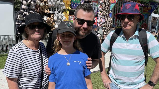 South Melbourne’s Andrew Holmes with daughter Alannah and parents Sharon and Nigel Holmes at Moomba on Saturday, March 11.