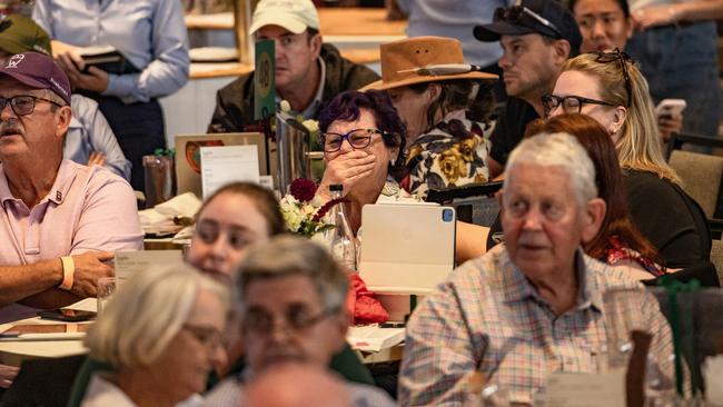 Debbie Kepitis holds her hand over her face as she buys Winx’s filly for $10 million in April. Picture: Supplied