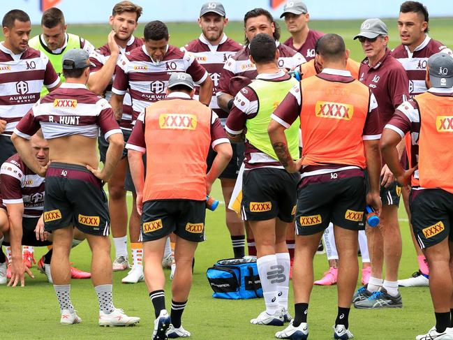 Wayne Bennett with the squad at Cbus Super Stadium on the Gold Coast yesterday. Picture: Adam Head