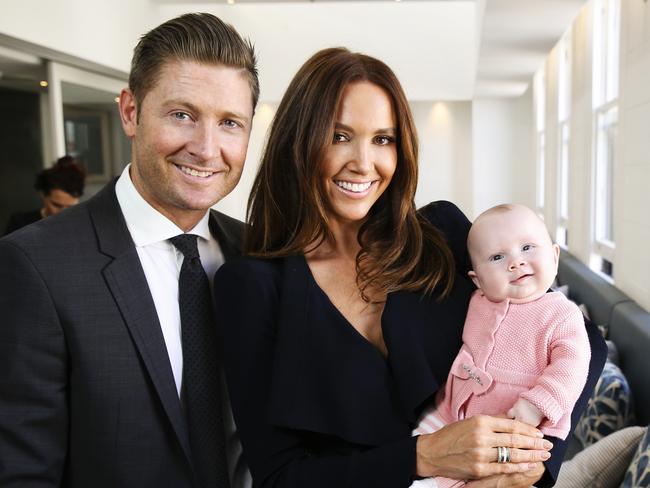 Michael and Kyly Clarke with their daughter Kelsey, six months, at Kyly's book launch at The Royal, Paddington.